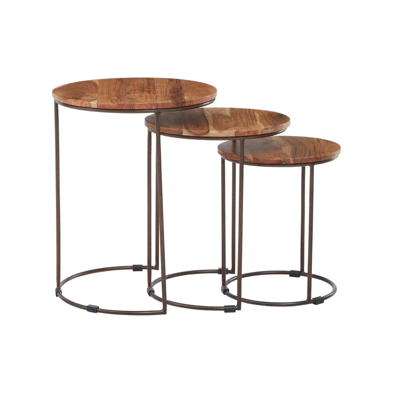 Set of three wooden nesting tables with metal frames on white background