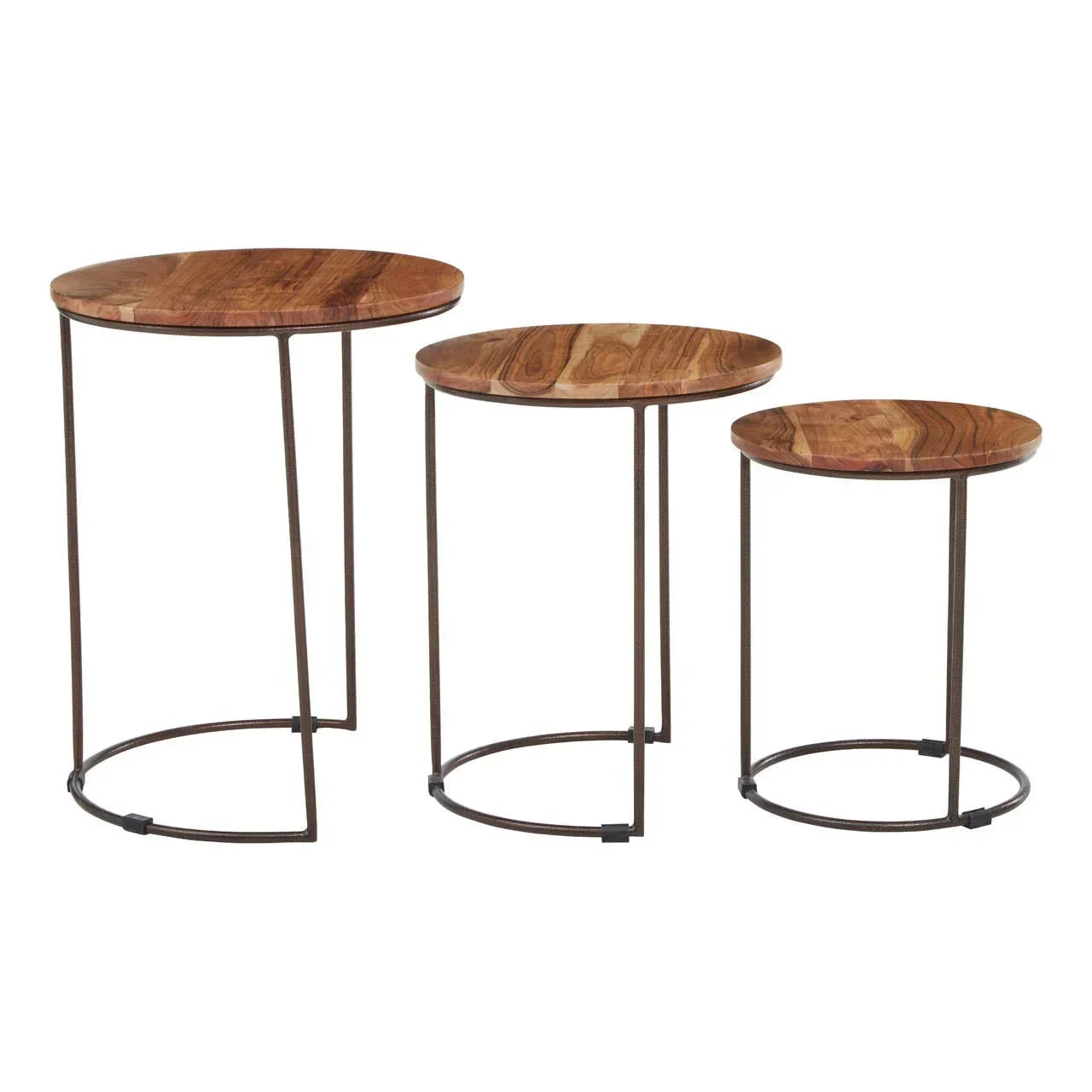 Set of three round nesting side tables with metal frames and wooden tops
