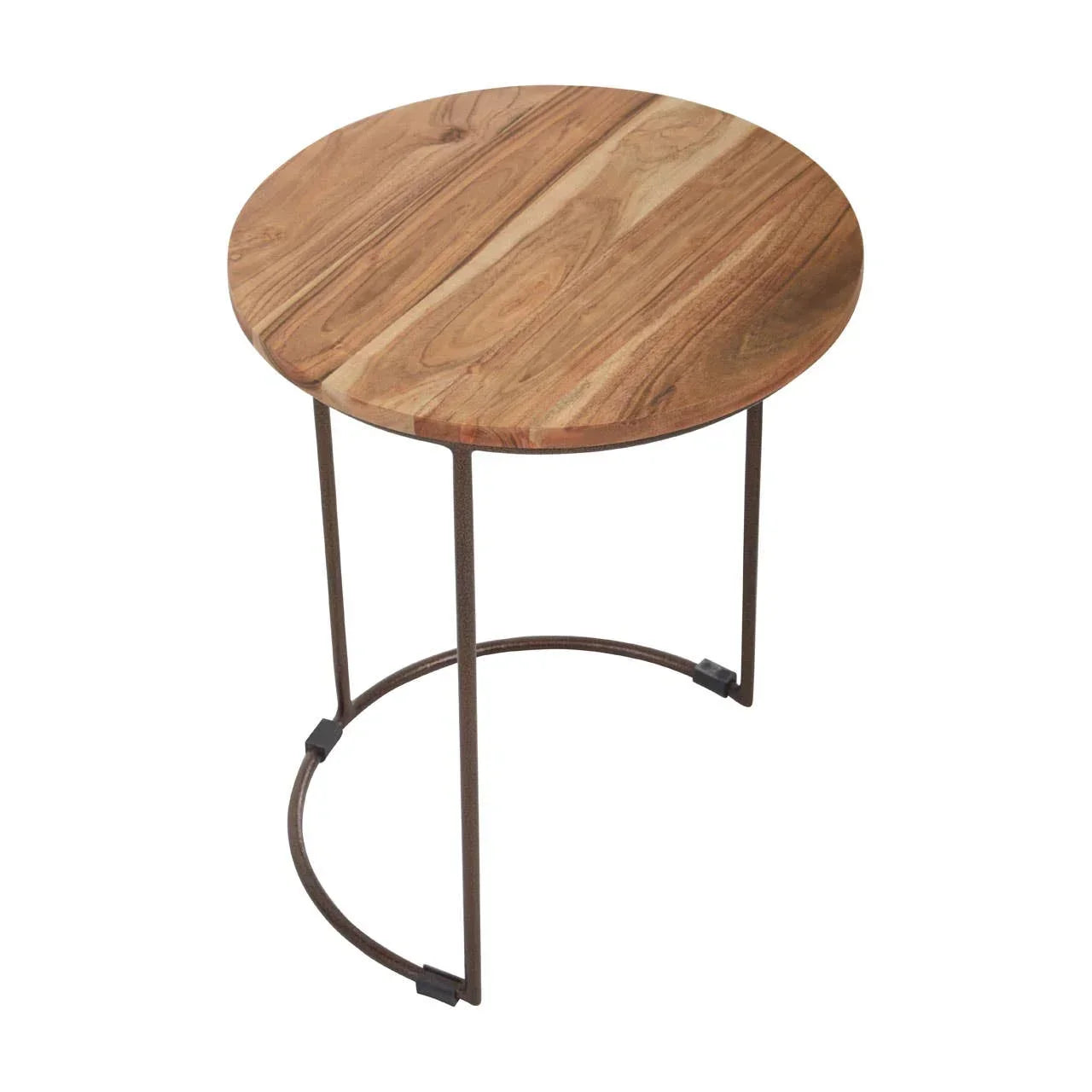 Round wooden side table with black metal frame and minimalist design