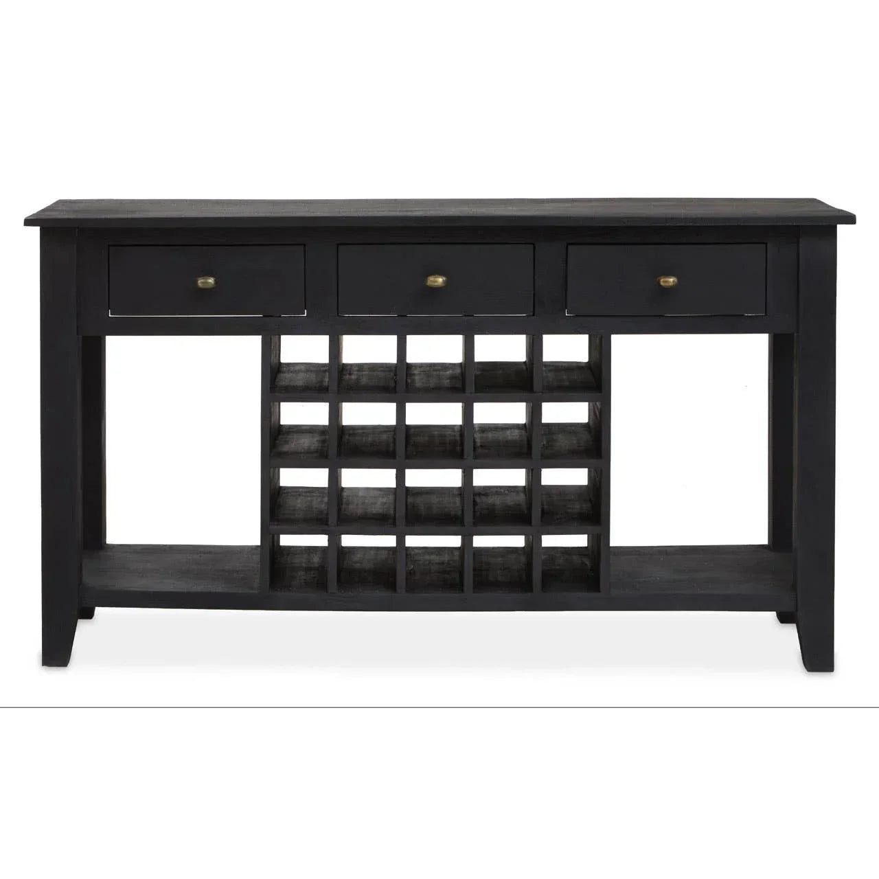 Black wooden wine rack sideboard with three drawers and multiple bottle storage slots