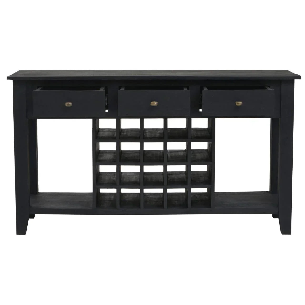 Black wooden sideboard with three drawers and wine rack compartments