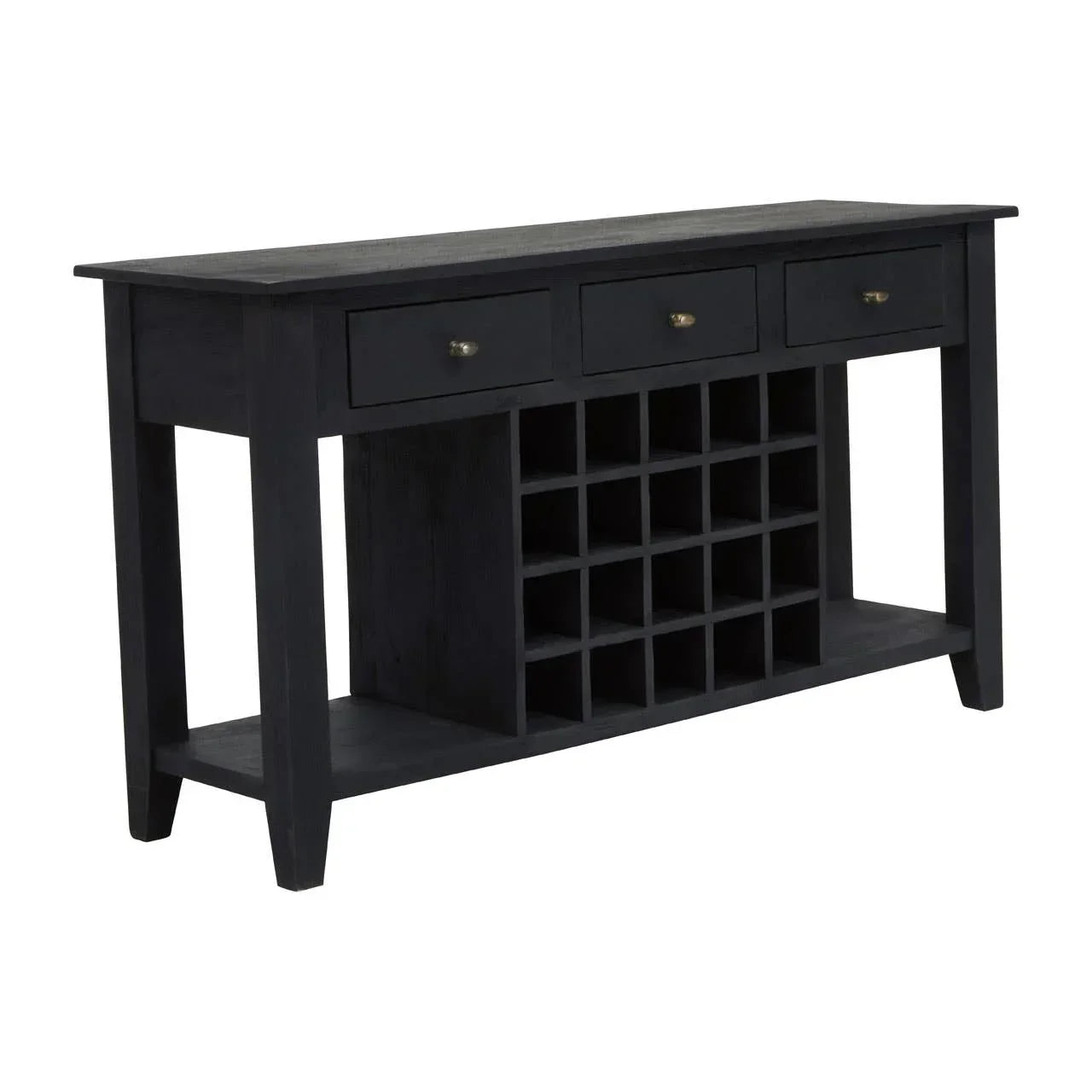 Black wooden sideboard with three drawers and built-in wine rack compartments