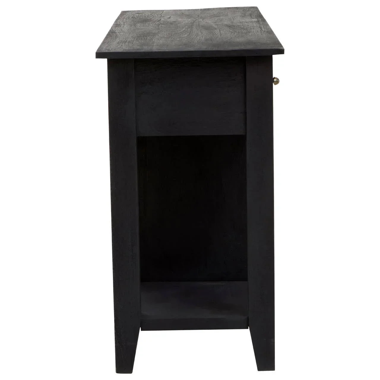 Side view of black wooden side table with open lower shelf and single drawer