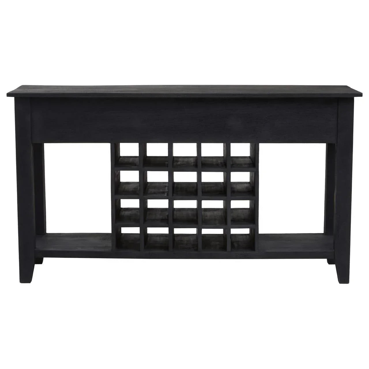 Black wooden console table with built-in wine rack and open shelving