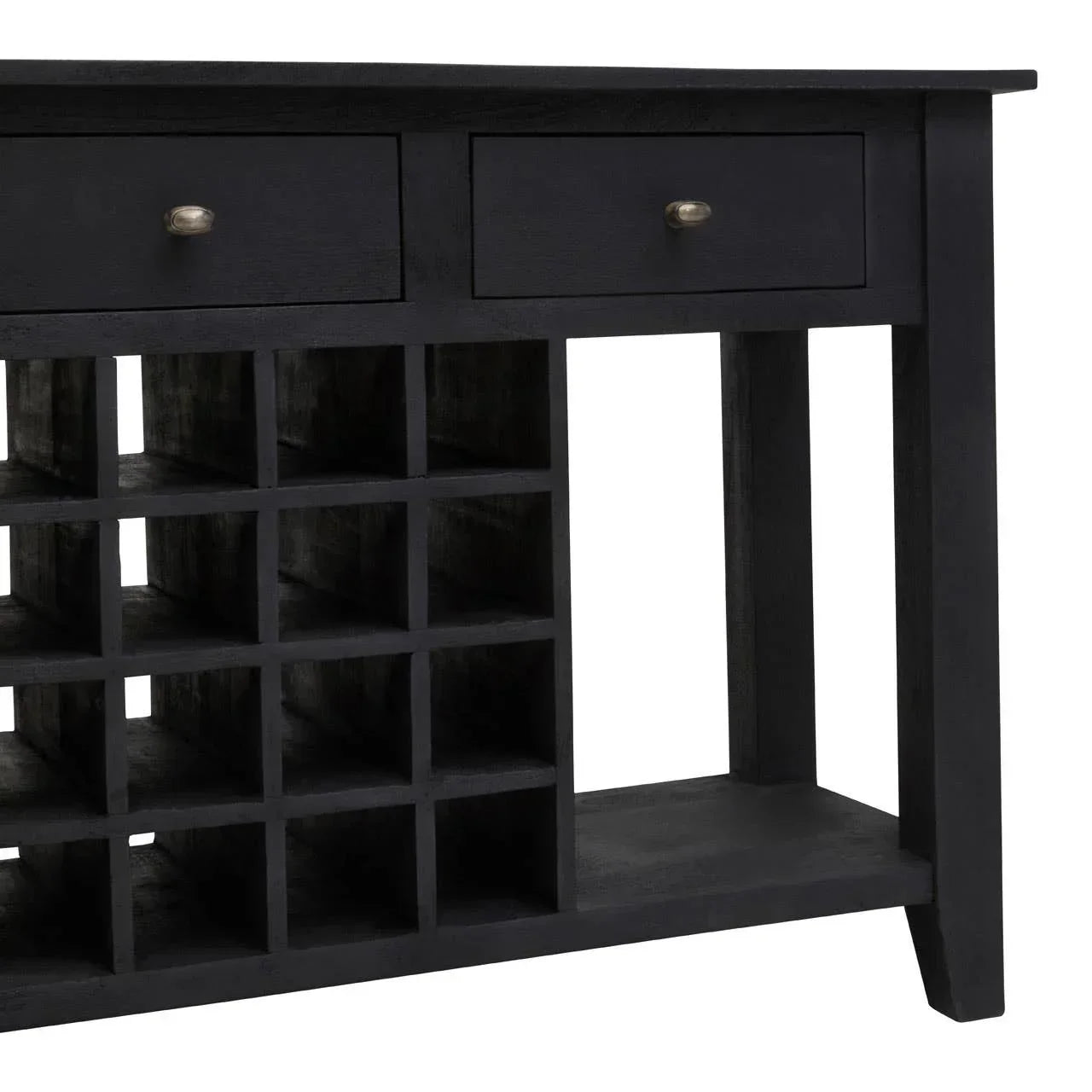 Black wooden sideboard with wine rack and two drawers, close-up of storage details