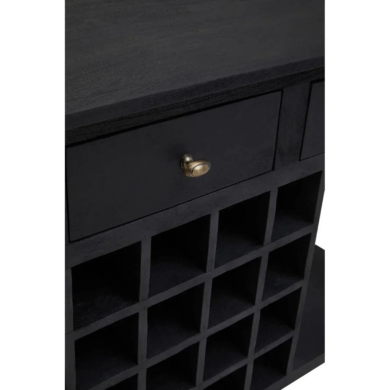 Black wooden wine rack with brass drawer handle and grid storage compartments