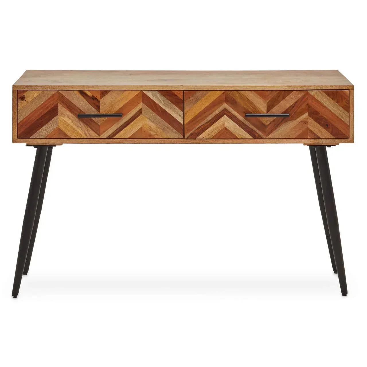 Two drawer wooden console table with chevron pattern and angled black legs