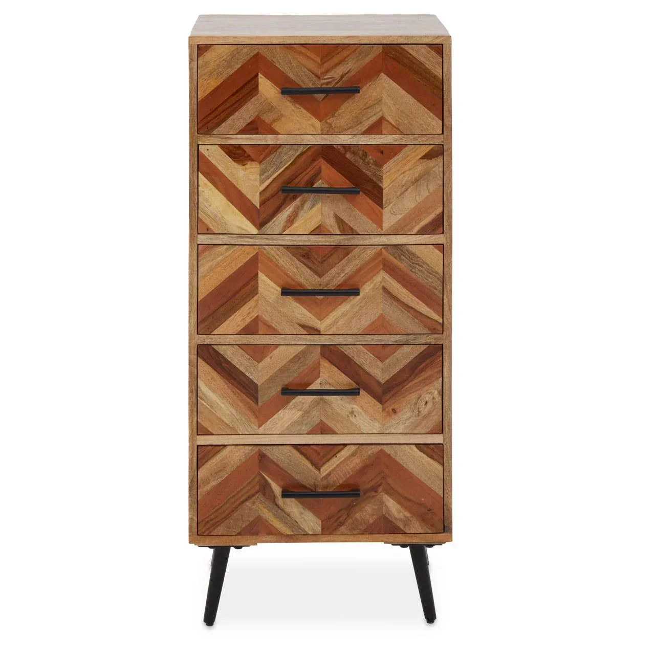 Tall wooden chest of drawers with chevron pattern front and black handles