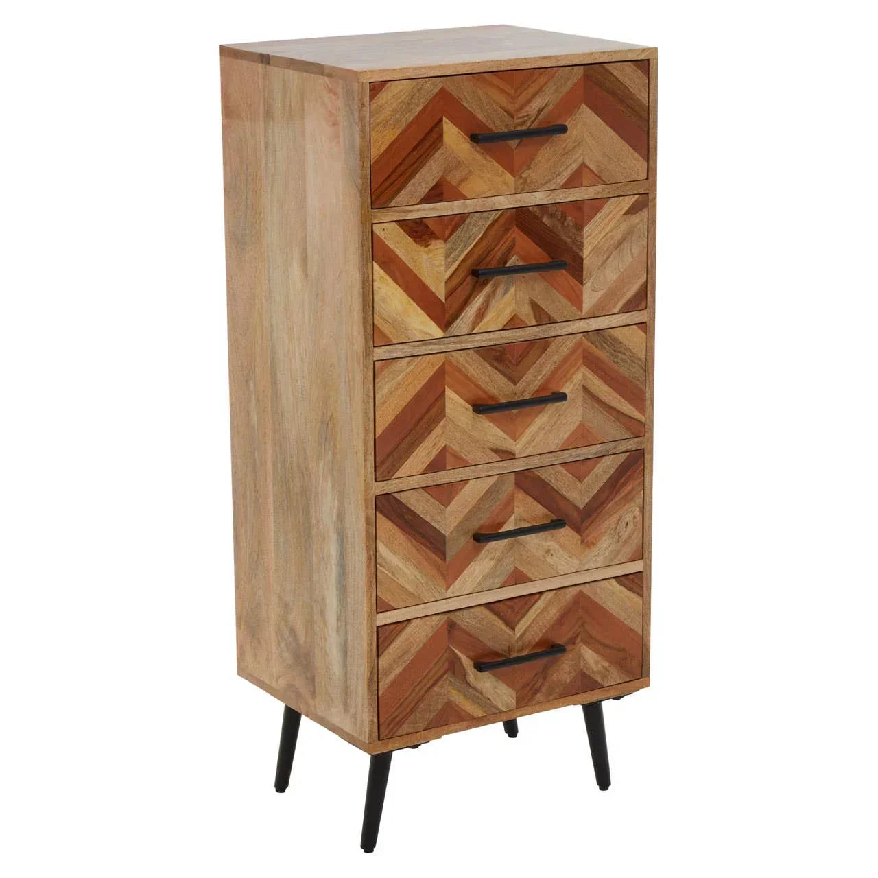 Wooden chest of drawers with herringbone pattern and black handles, angled front view