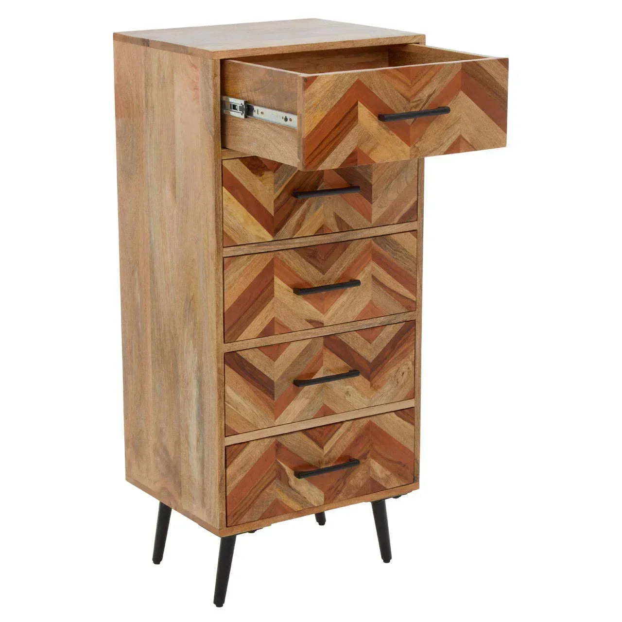 Tall wooden chest of drawers with chevron pattern and black handles, one drawer open