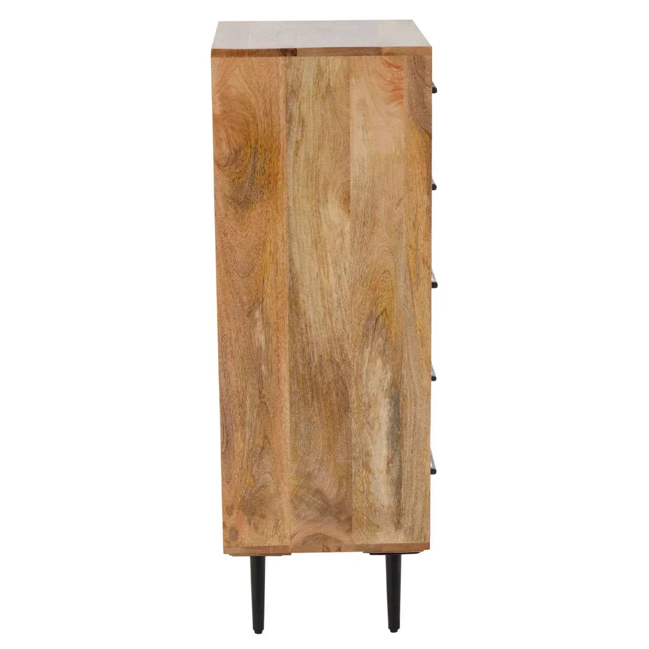 Side view of wooden chest of drawers with black tapered legs