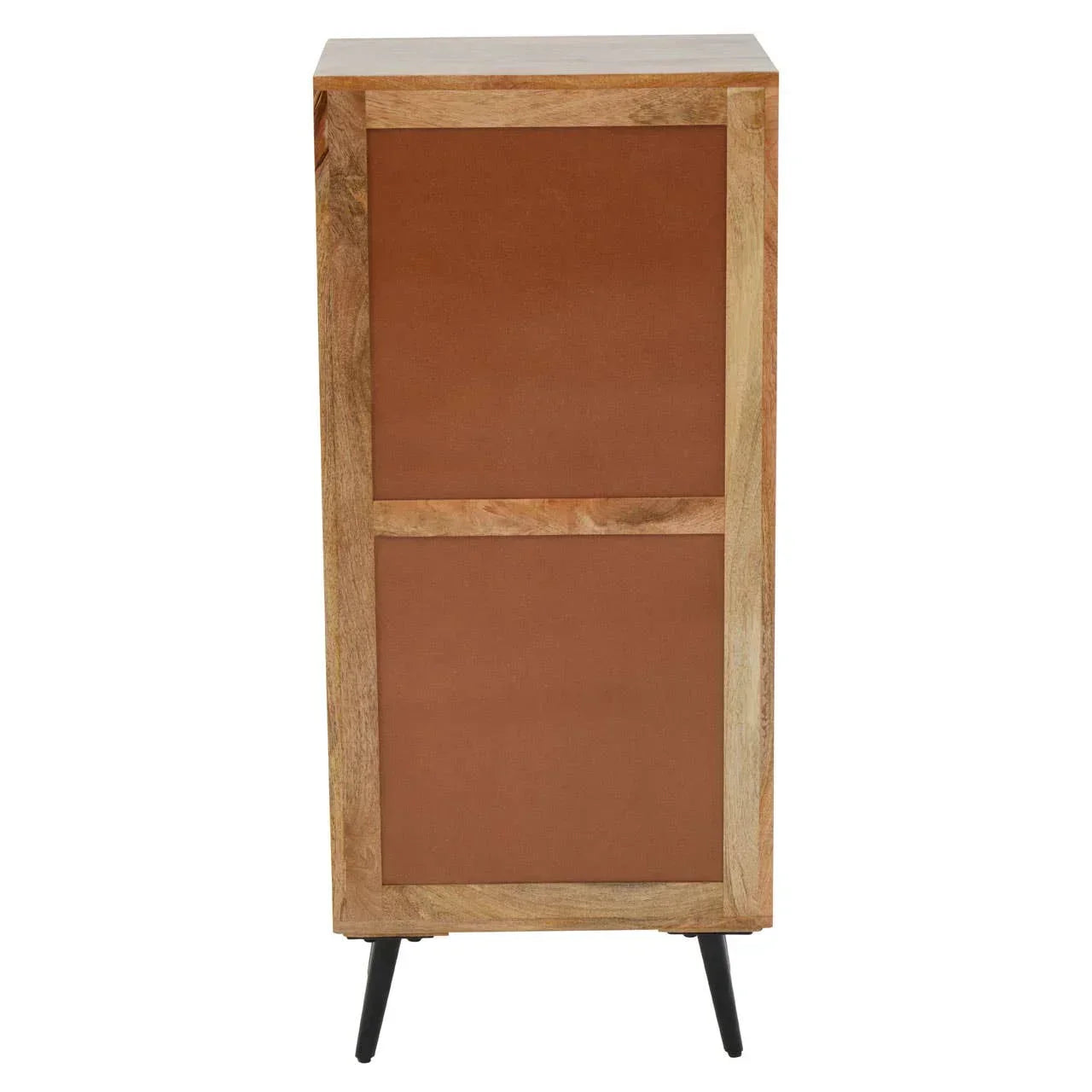 Tall wooden cabinet with brown panel doors and black angled legs, front view
