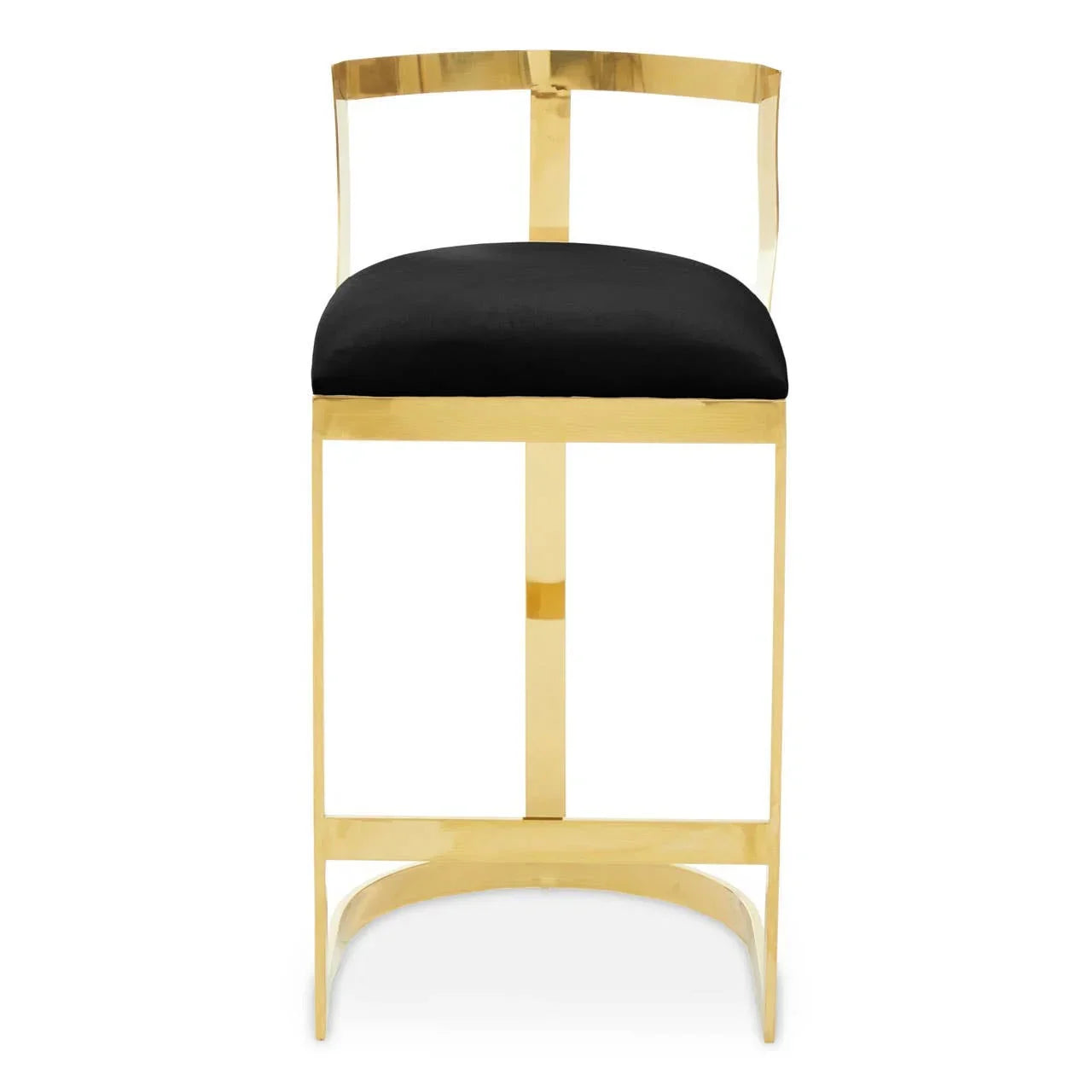 Gold metal bar stool with black cushioned seat, front view