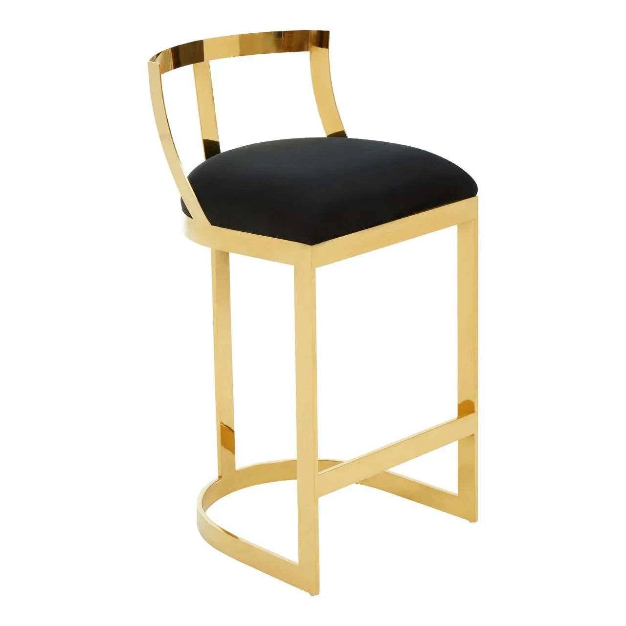 Gold metal bar stool with black upholstered seat and low curved backrest