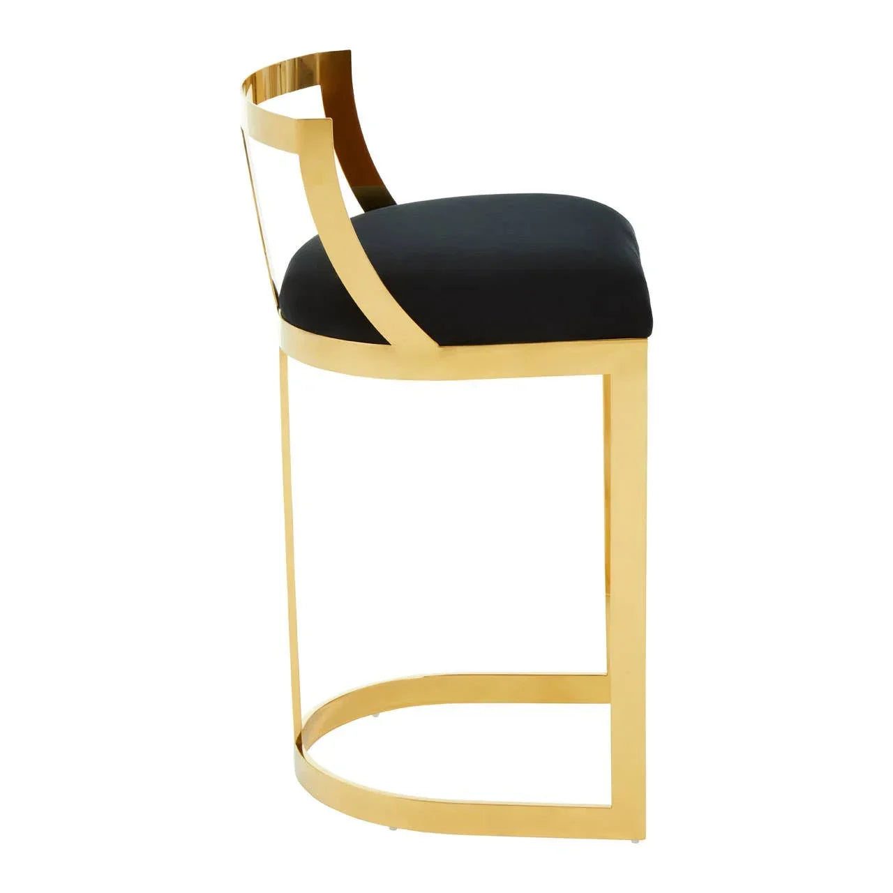 Gold frame bar stool with black seat cushion, side profile view