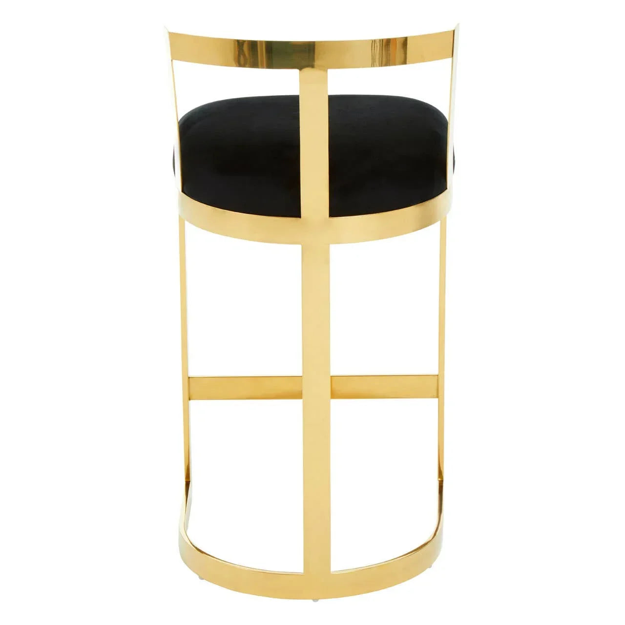 Gold metal bar stool with black velvet seat, rear view highlighting curved backrest design