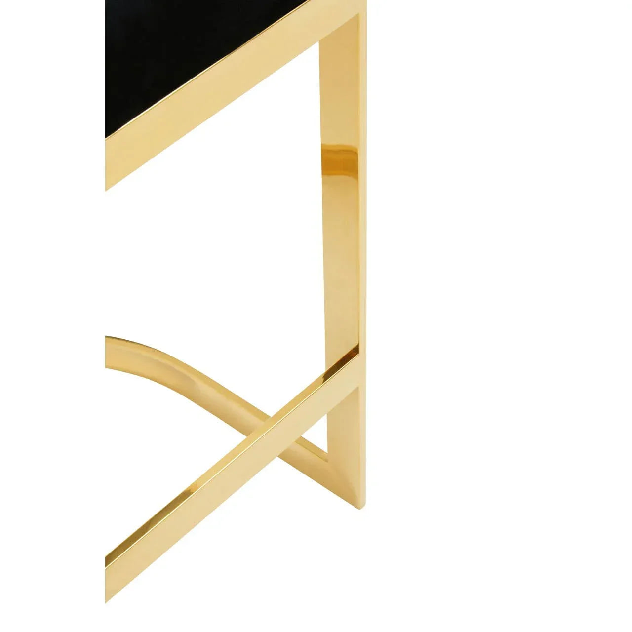 Gold metal table leg with black glass top and crossbar detail