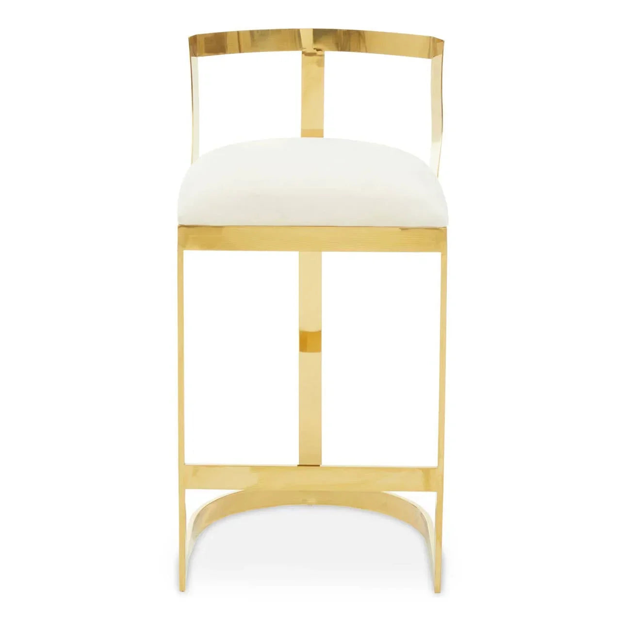 Gold metal bar stool with white padded seat and curved backrest, front view