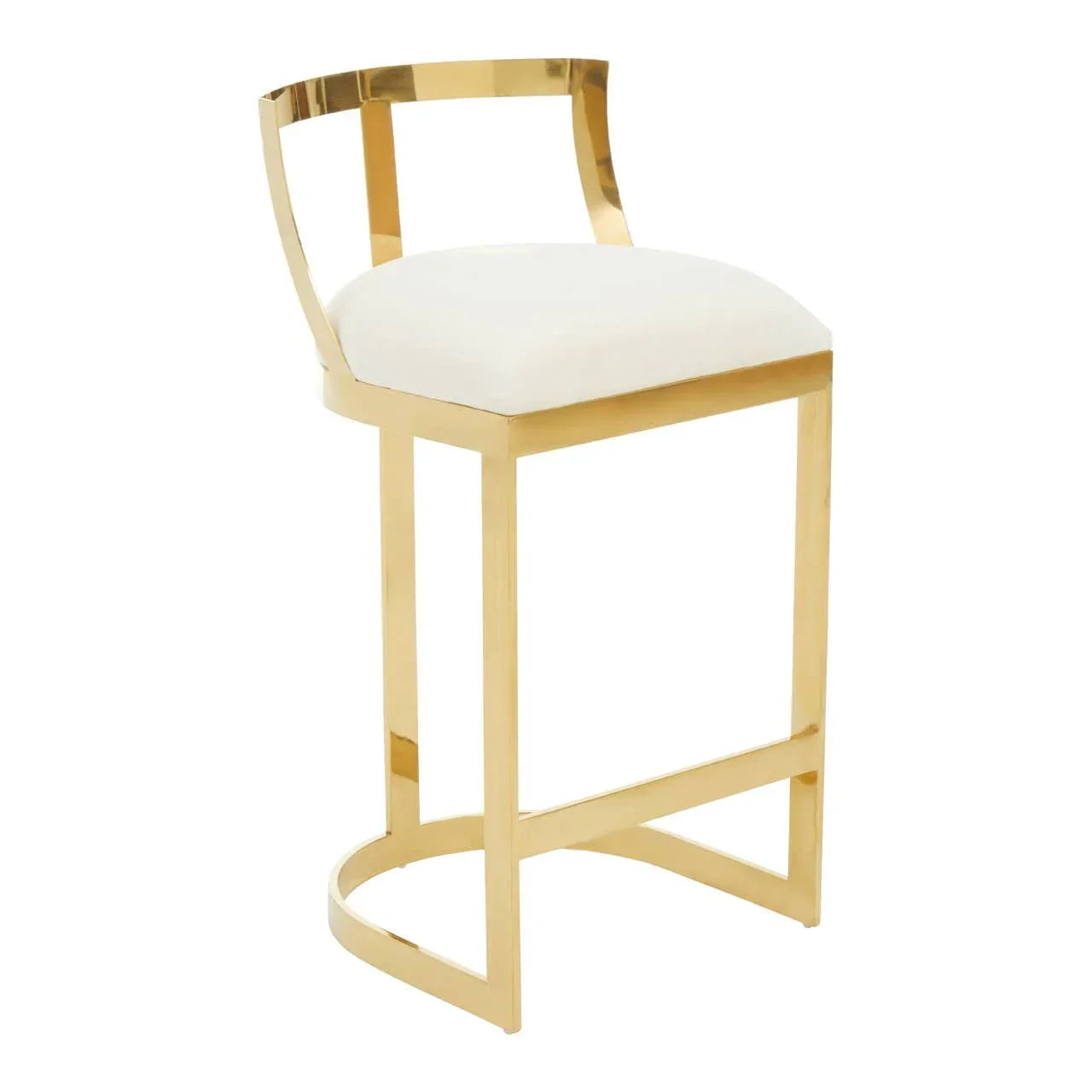 Gold metal bar stool with white upholstered seat and low curved back