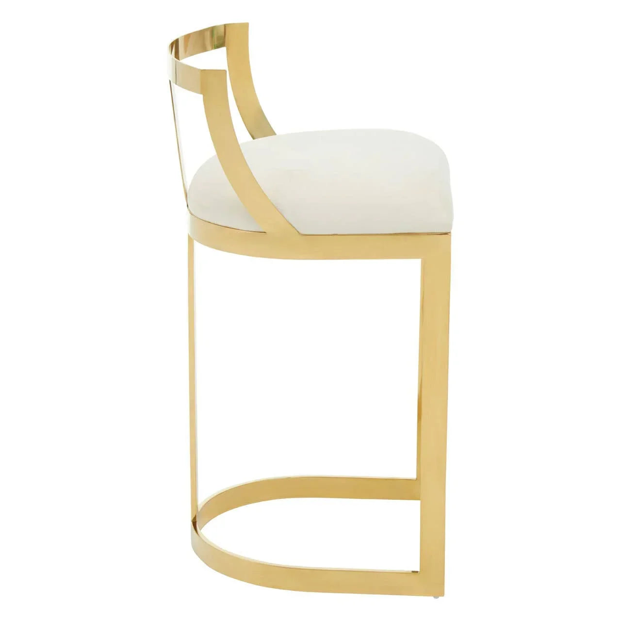 Gold metal bar stool with curved frame and white upholstered seat, side view