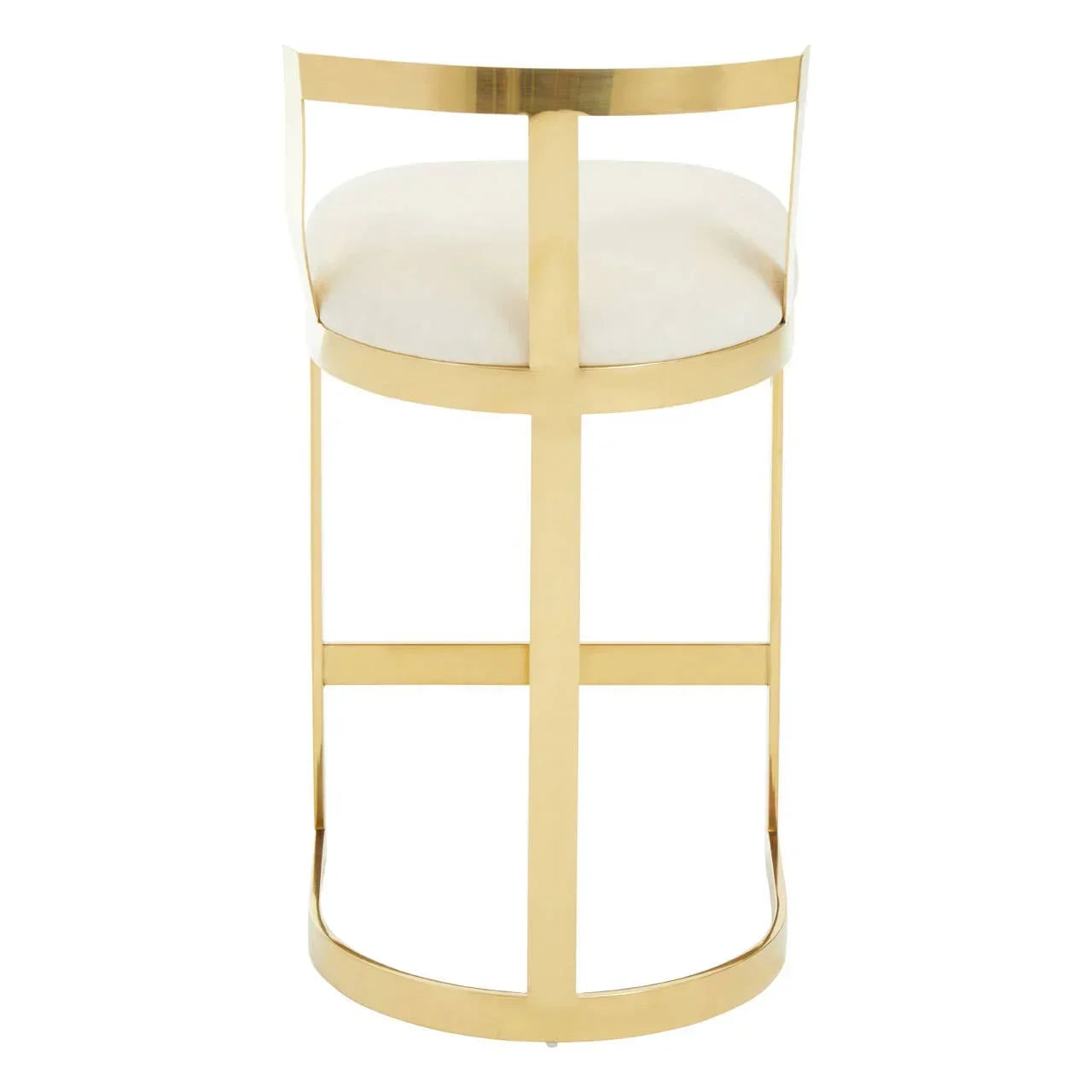 Gold metal bar stool with cream upholstered seat and low curved backrest, rear view