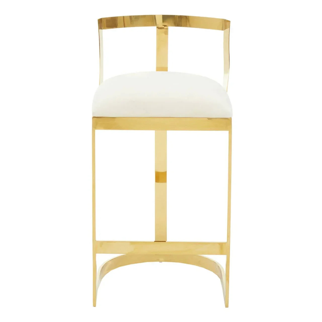 Gold metal bar stool with white upholstered seat, modern backrest, front view