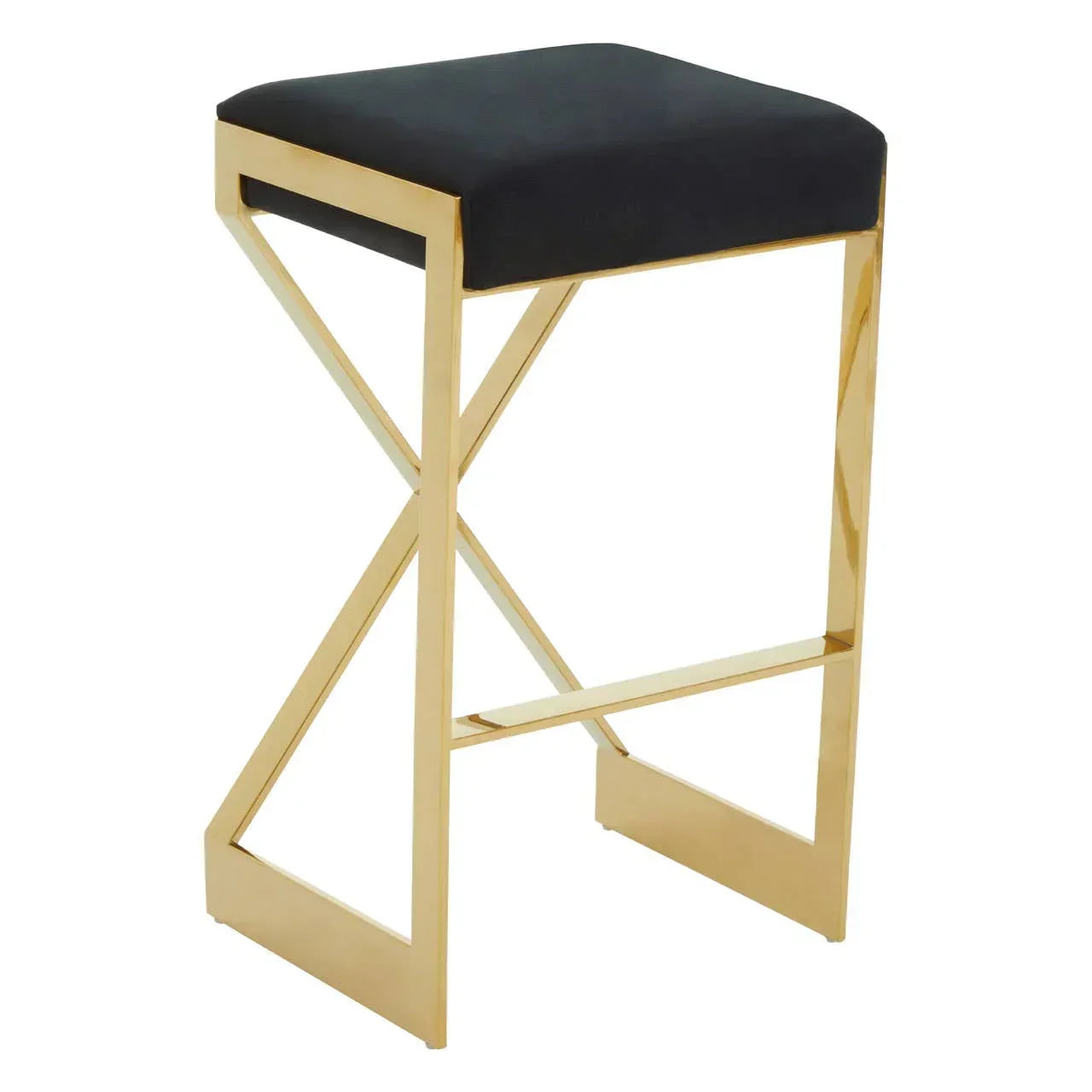Modern bar stool with black cushion seat and gold metal frame, angled side view