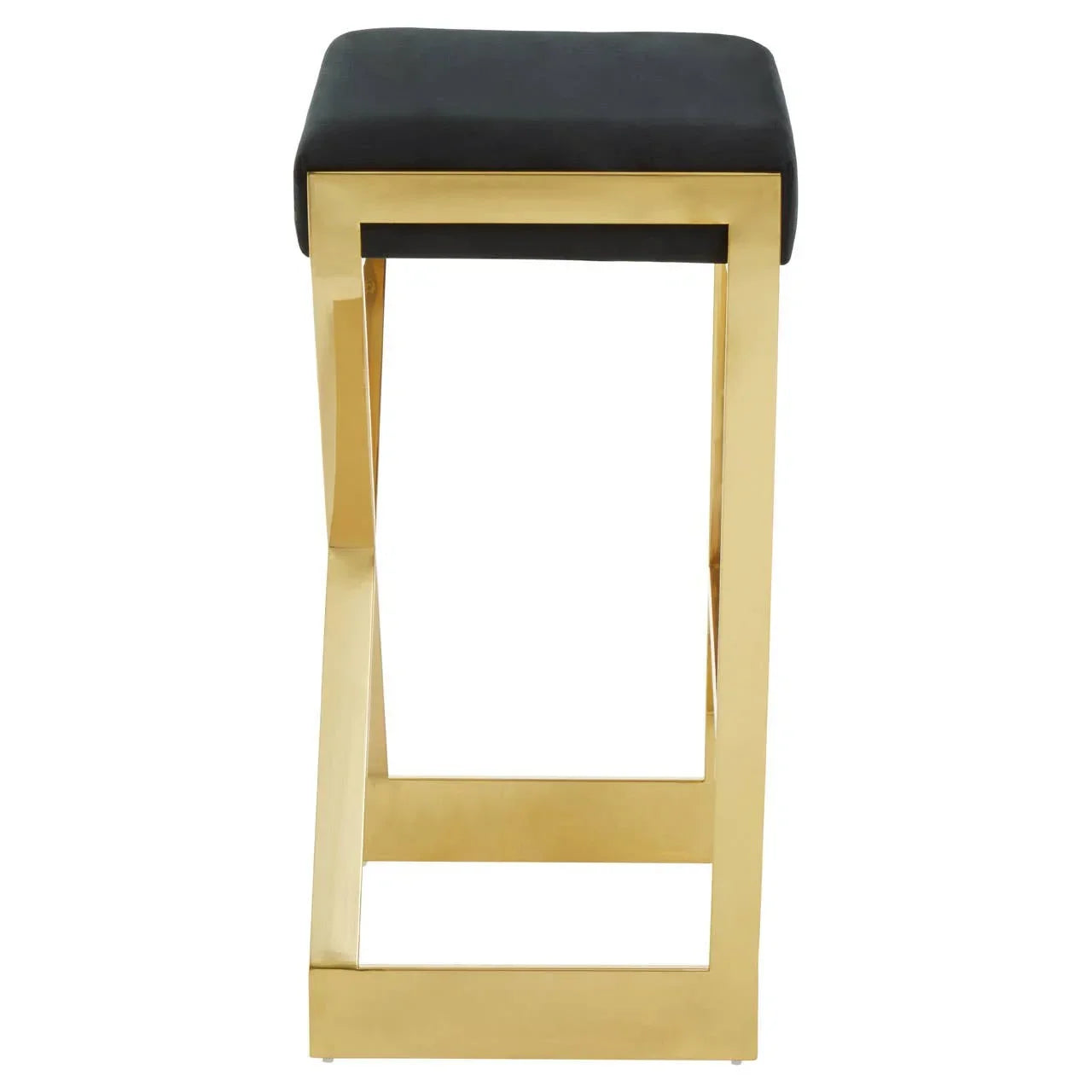 Gold metal bar stool with black cushioned seat, side angle view
