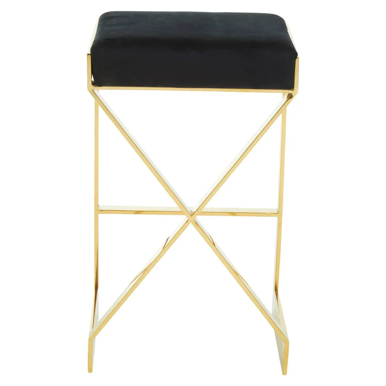Gold metal bar stool with black velvet seat and modern geometric base front view