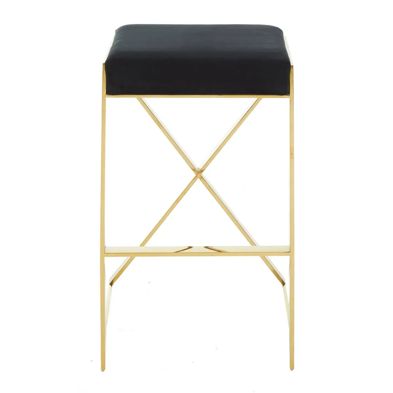 Black velvet bar stool with gold metal frame, front facing view