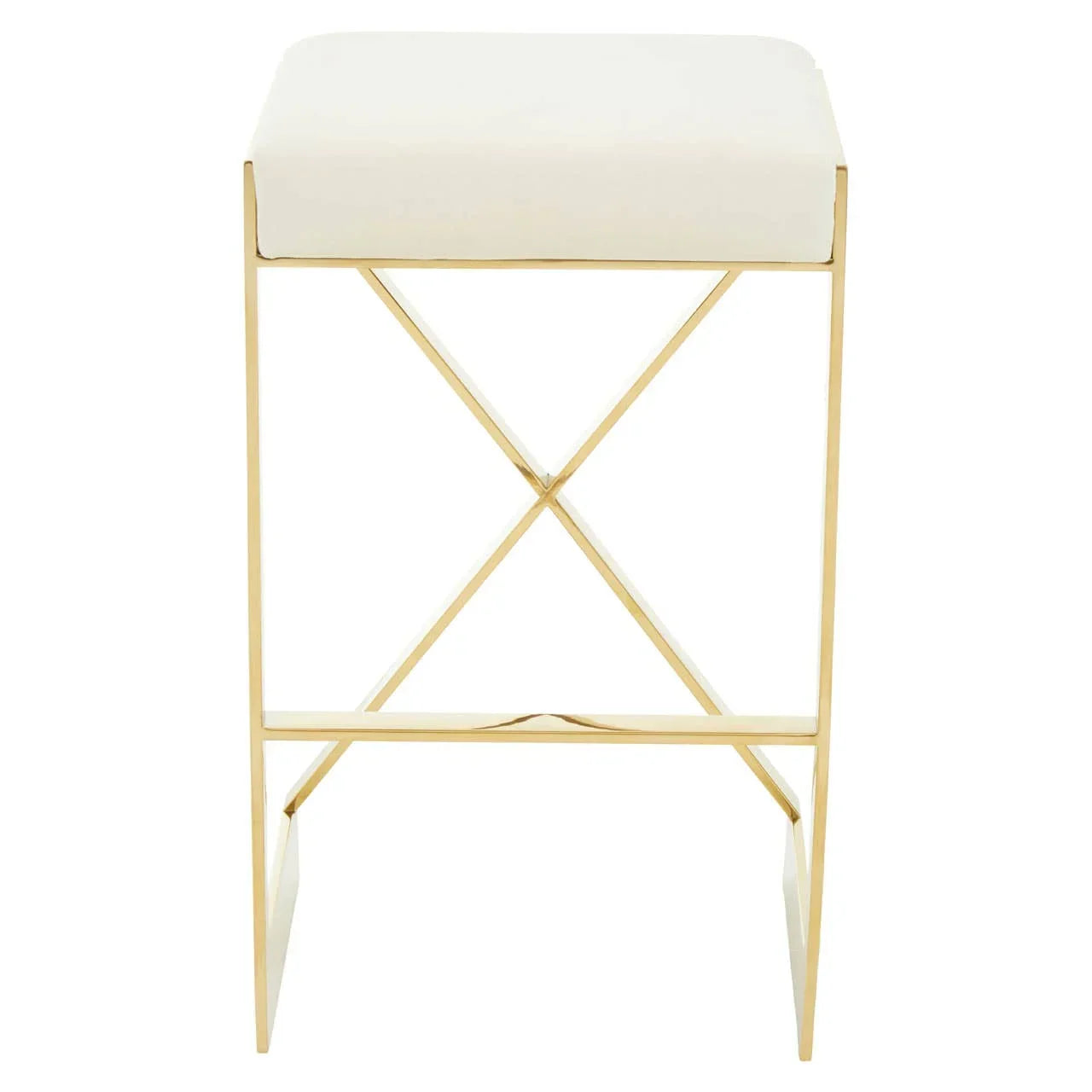 Modern gold metal stool with white cushioned seat and X-frame base, front view