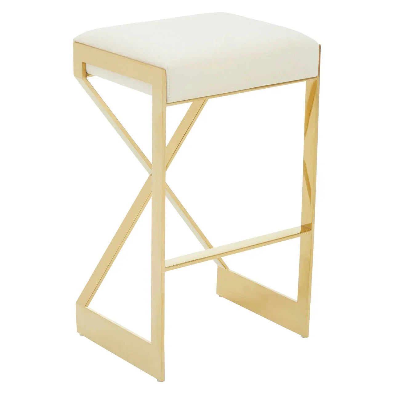 Modern gold metal bar stool with white cushioned seat and geometric base