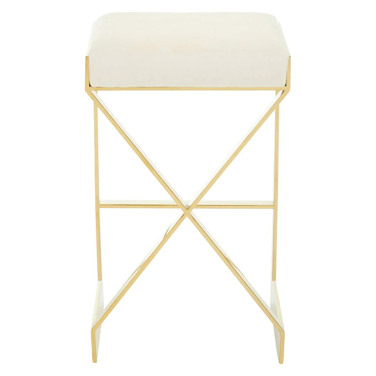 Modern gold metal bar stool with cream cushioned seat and geometric frame, front view
