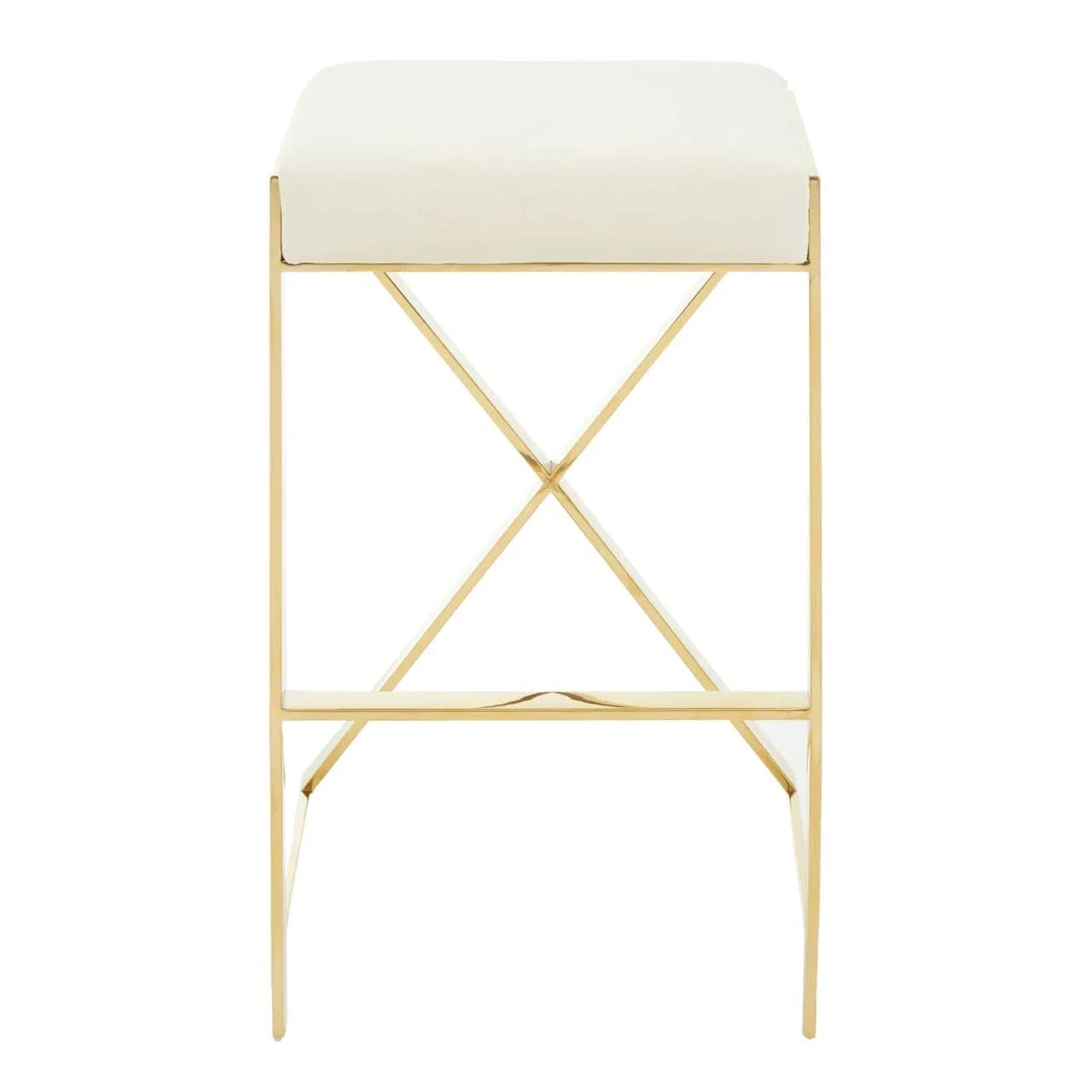 White upholstered stool with gold metal frame and crossbar detail, front angle view