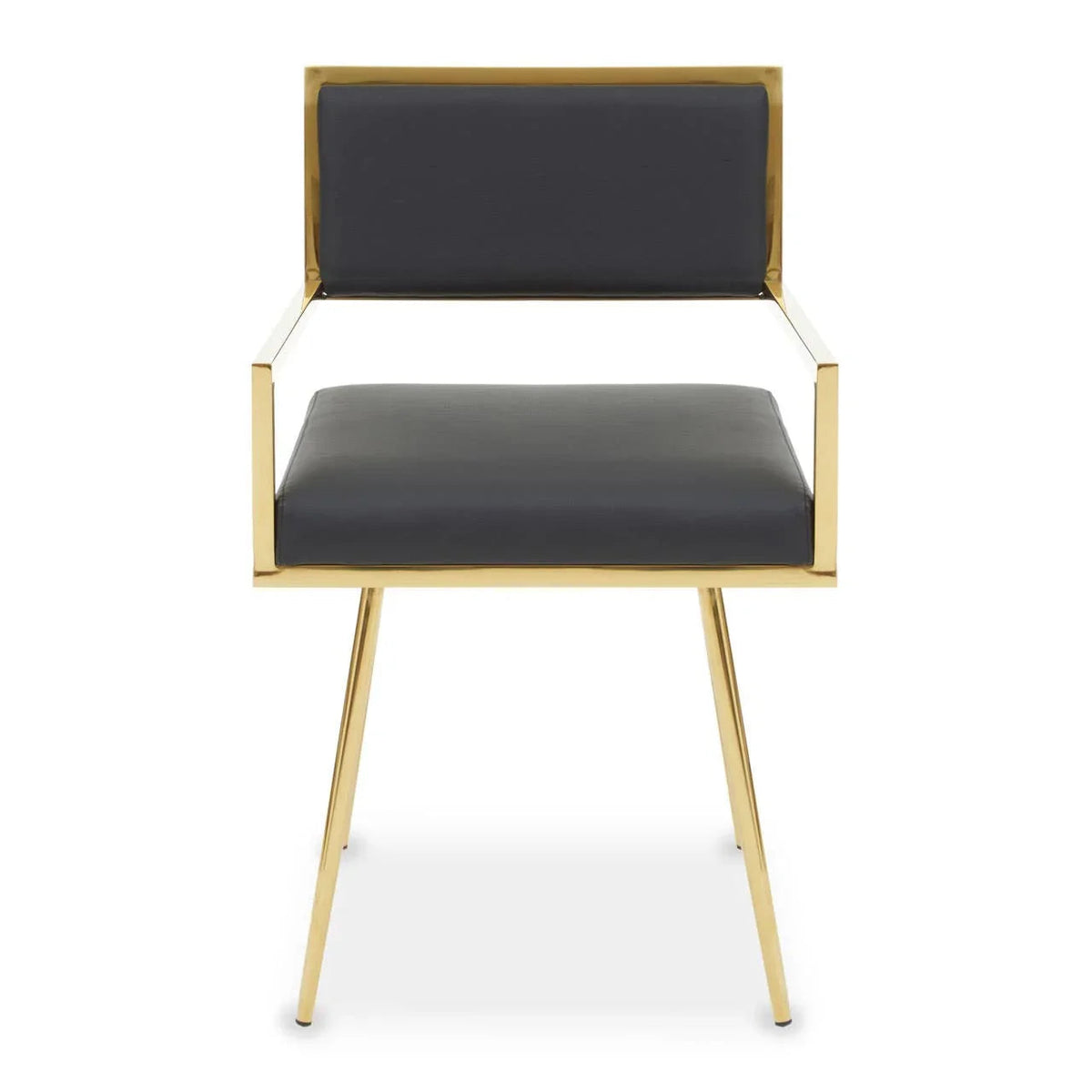 Black faux leather dining chair with open gold frame and tapered legs, front view