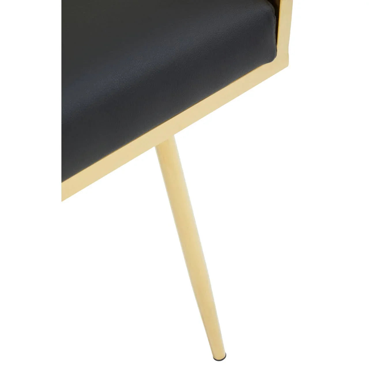 Black faux leather dining chair seat with gold metal frame and slim angled leg