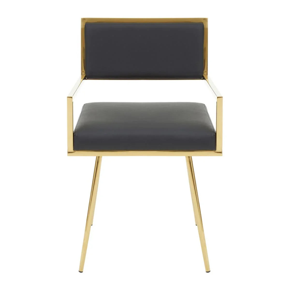 Black upholstered dining chair with gold metal frame and armrests, front view