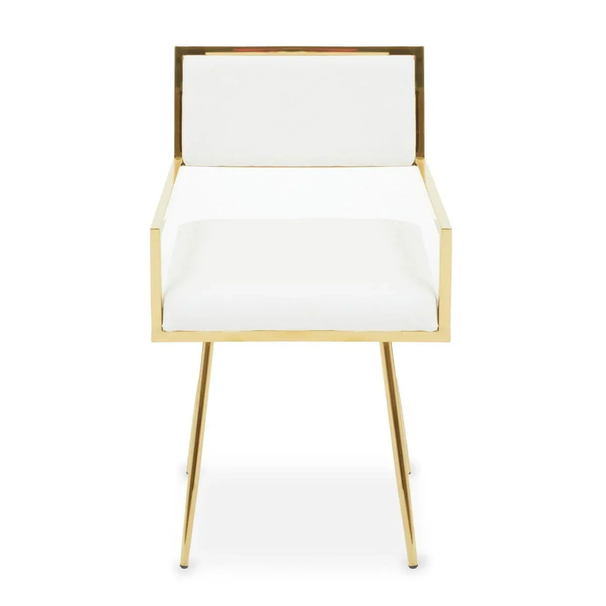 White upholstered accent chair with gold metal frame and armrests, front view