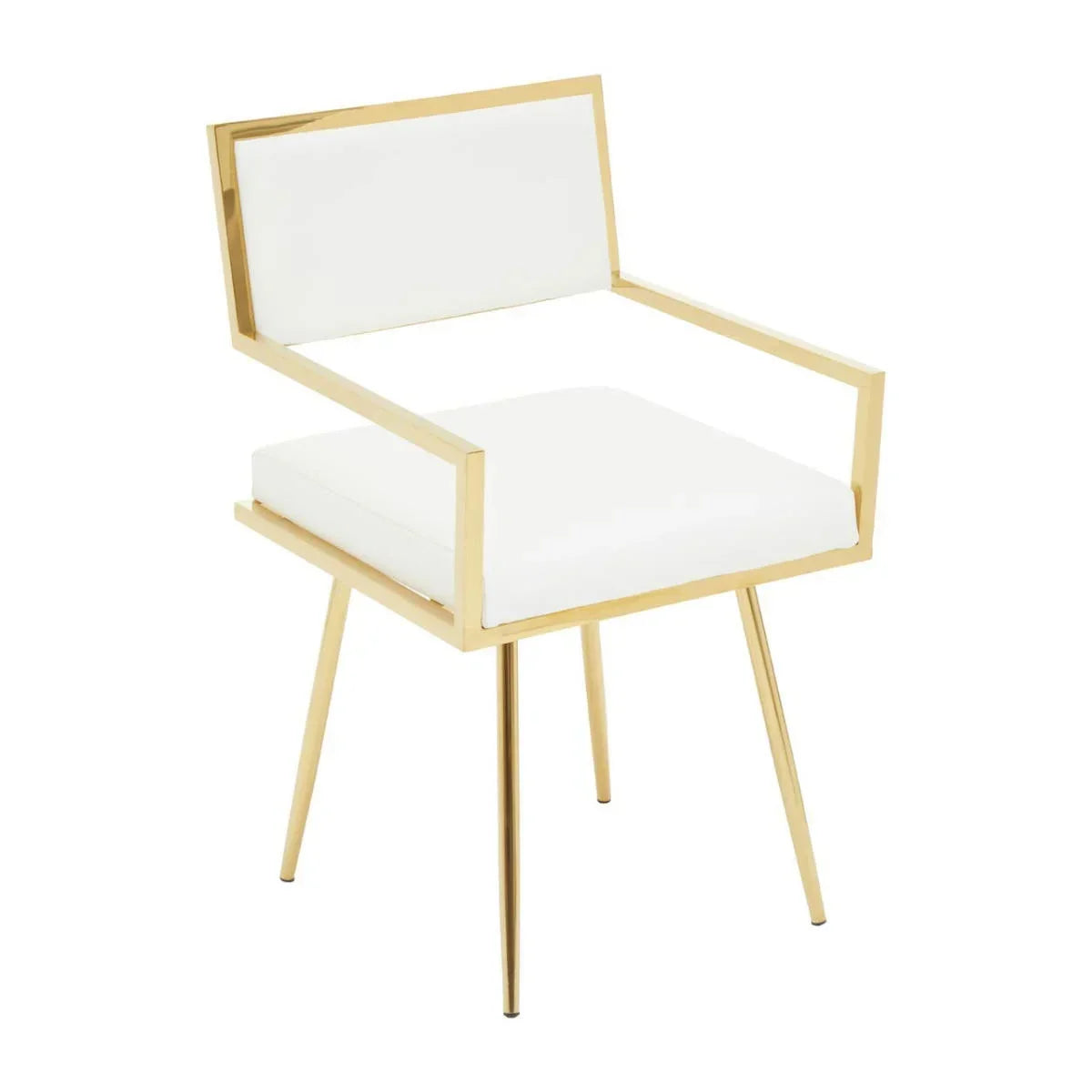 White upholstered accent chair with gold metal frame and slim angled legs