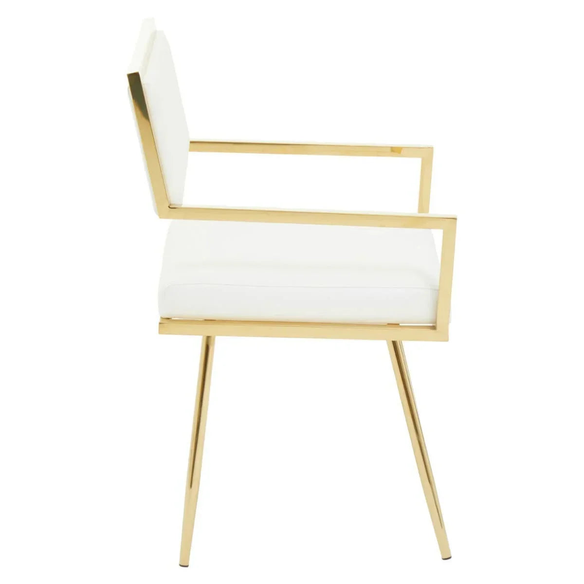 White upholstered dining chair with gold metal frame and arms, shown from side view