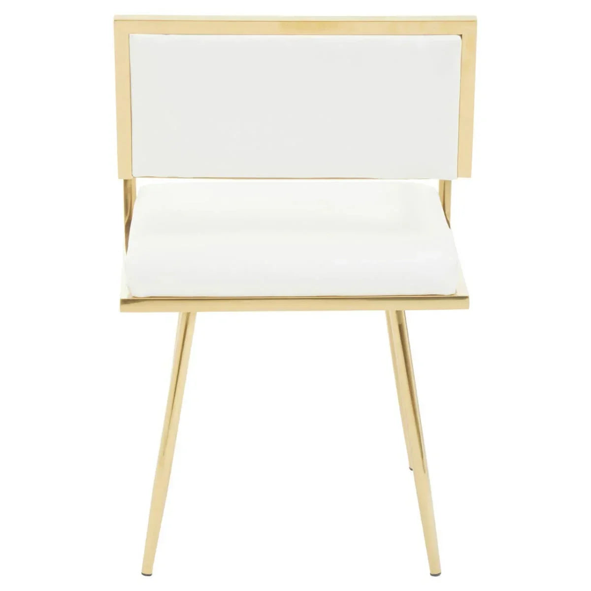 Modern dining chair with gold metal frame and white padded seat, front view