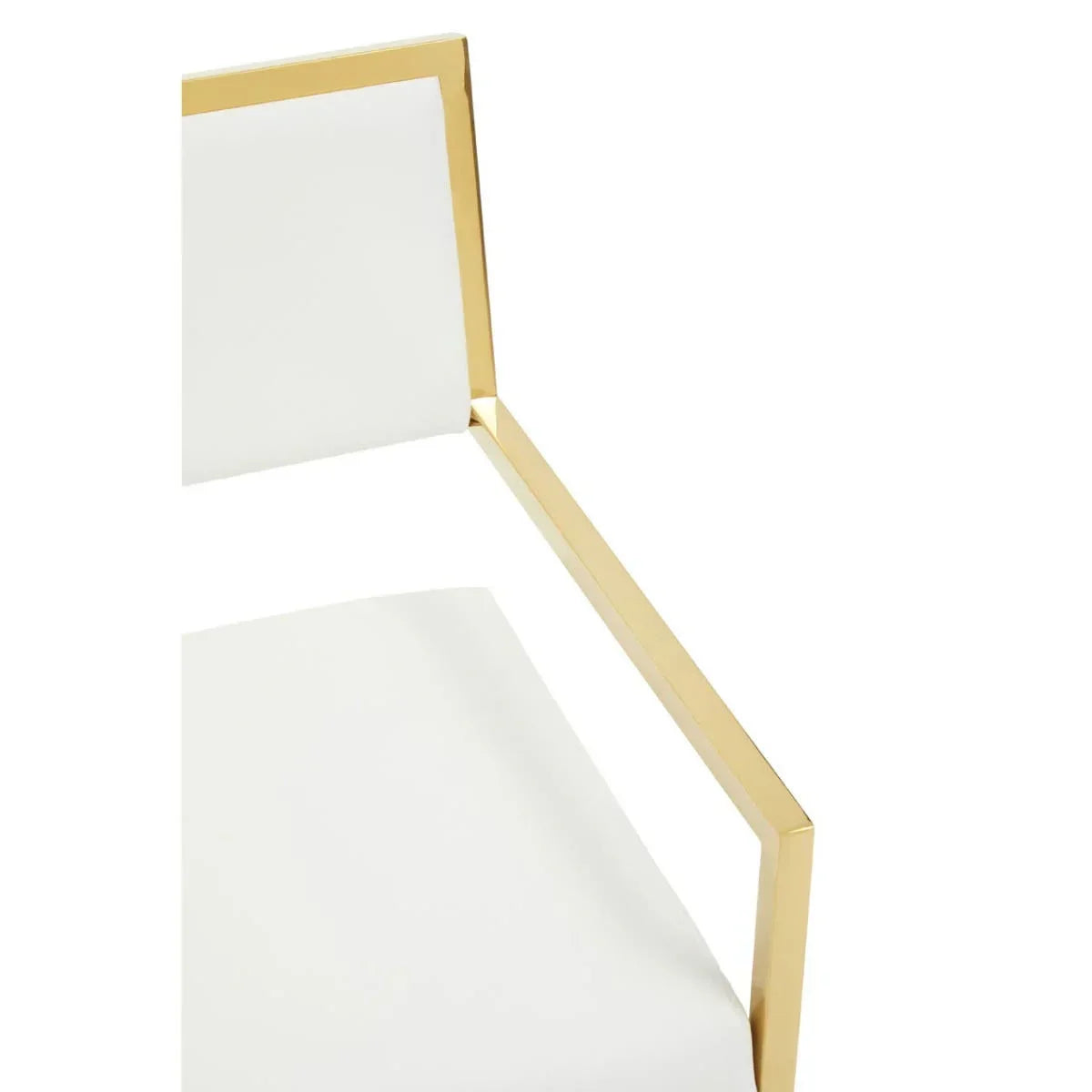 White dining chair with gold metal frame, close-up of seat, backrest, and armrest