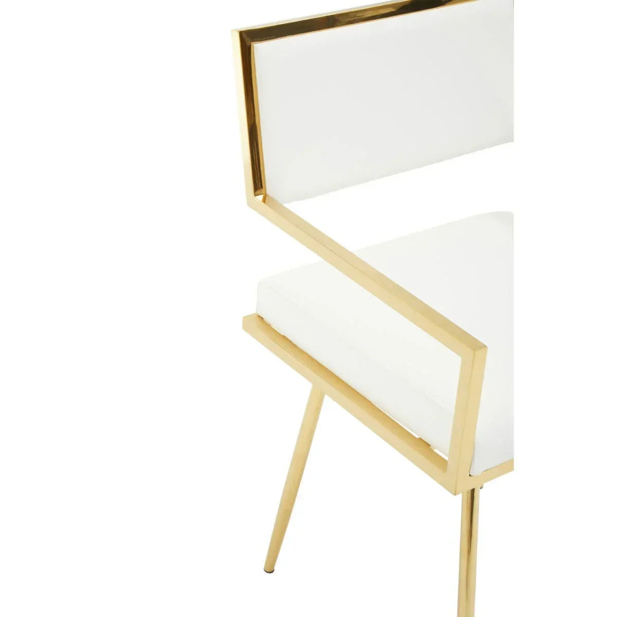 Modern dining chair with gold metal frame and white upholstered seat and backrest