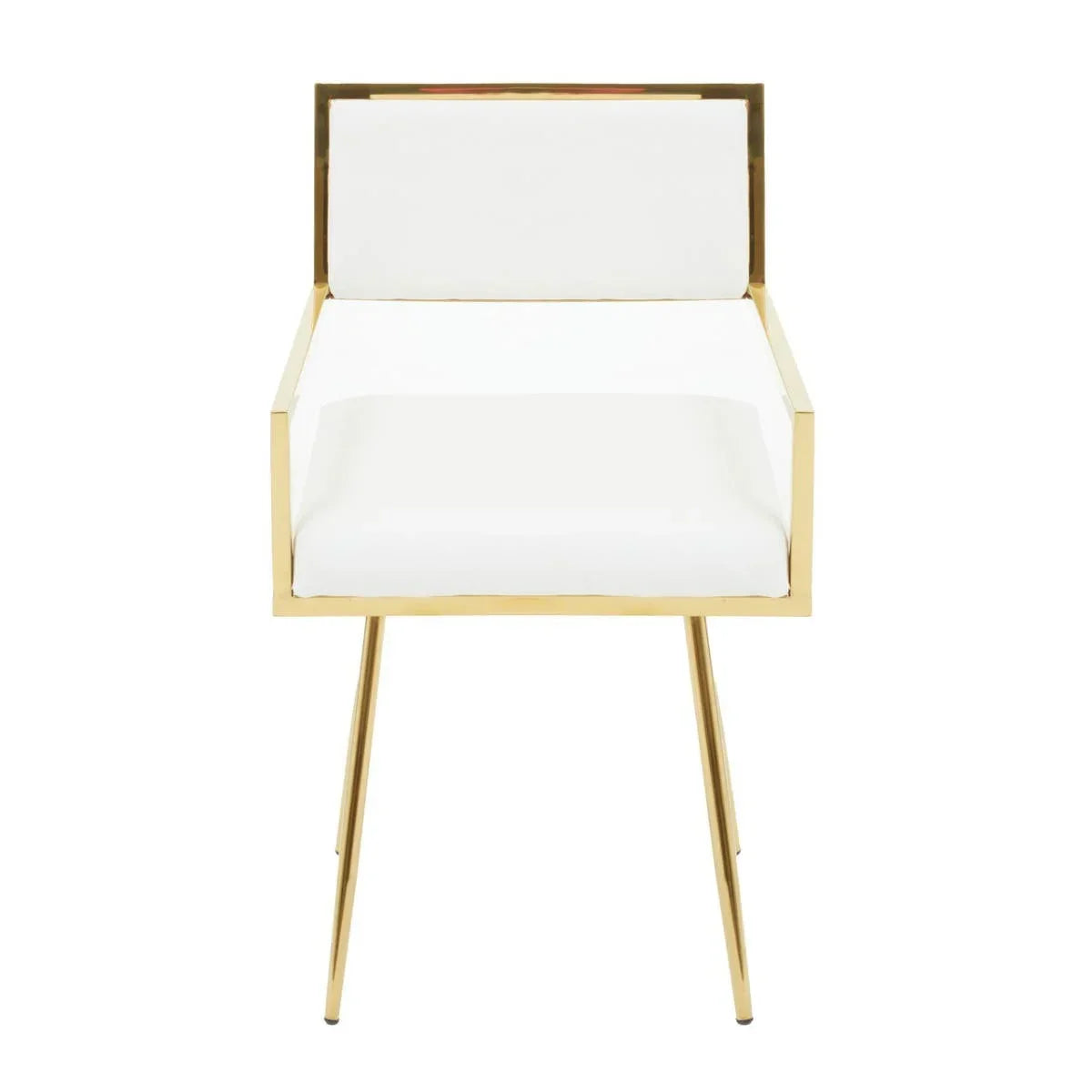 White upholstered accent chair with gold metal frame and armrests, front view
