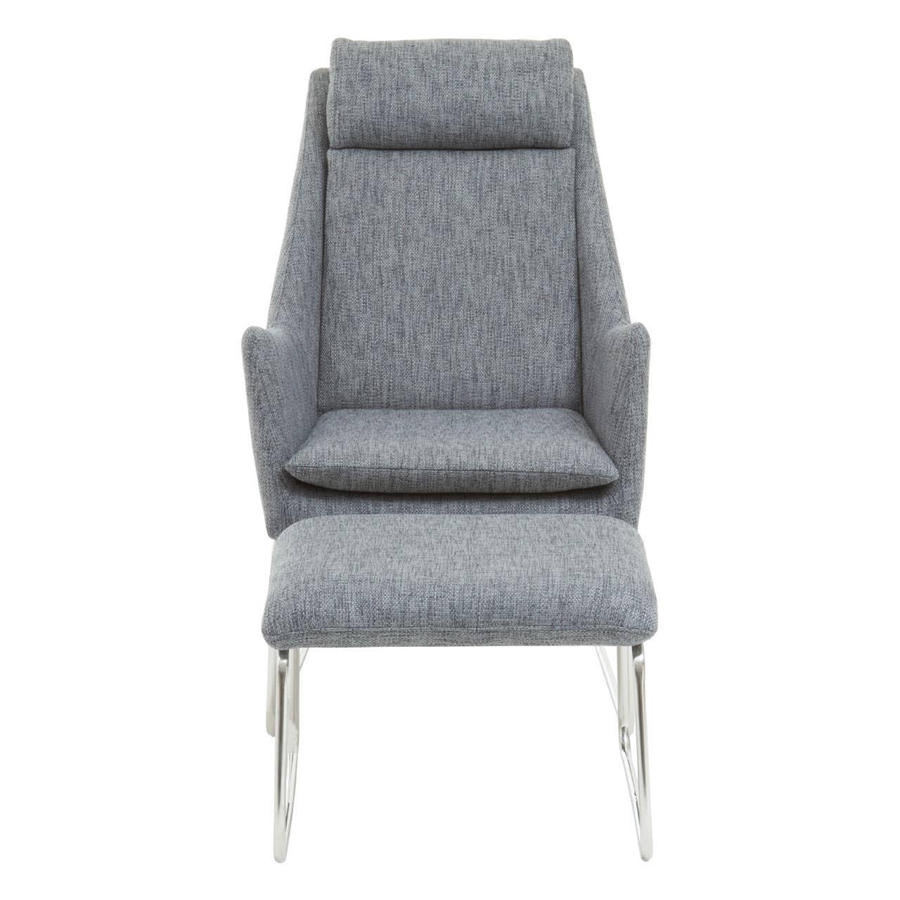 Grey fabric accent chair with matching ottoman and chrome legs, front view