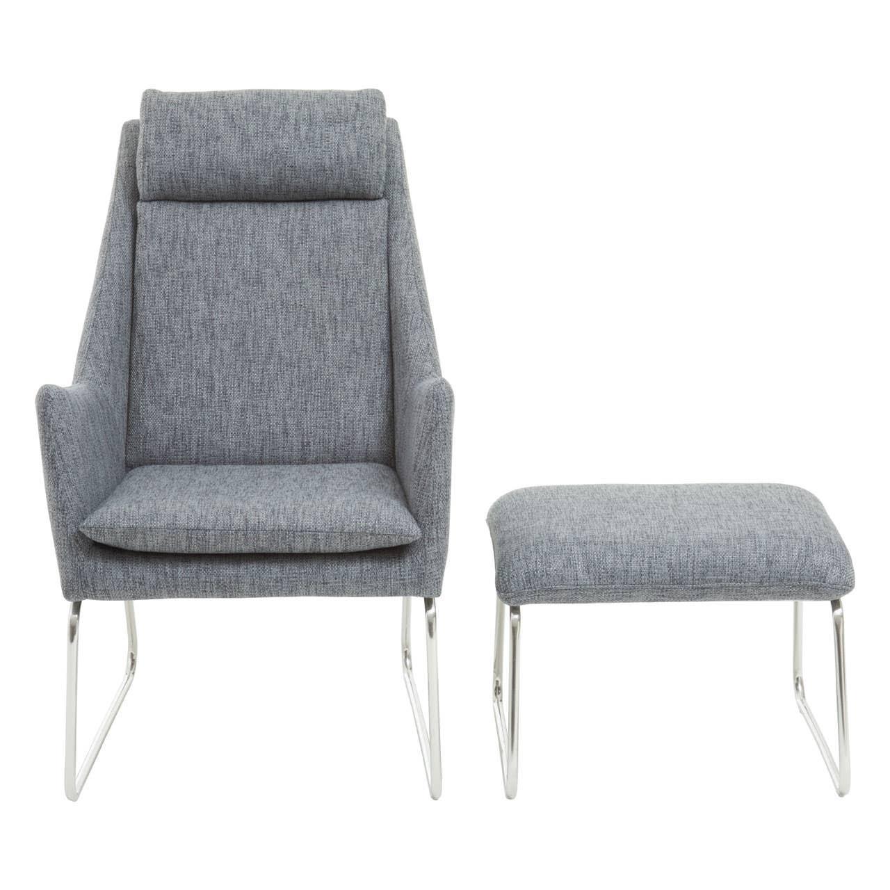 Grey fabric accent chair with matching footstool and chrome legs, front view