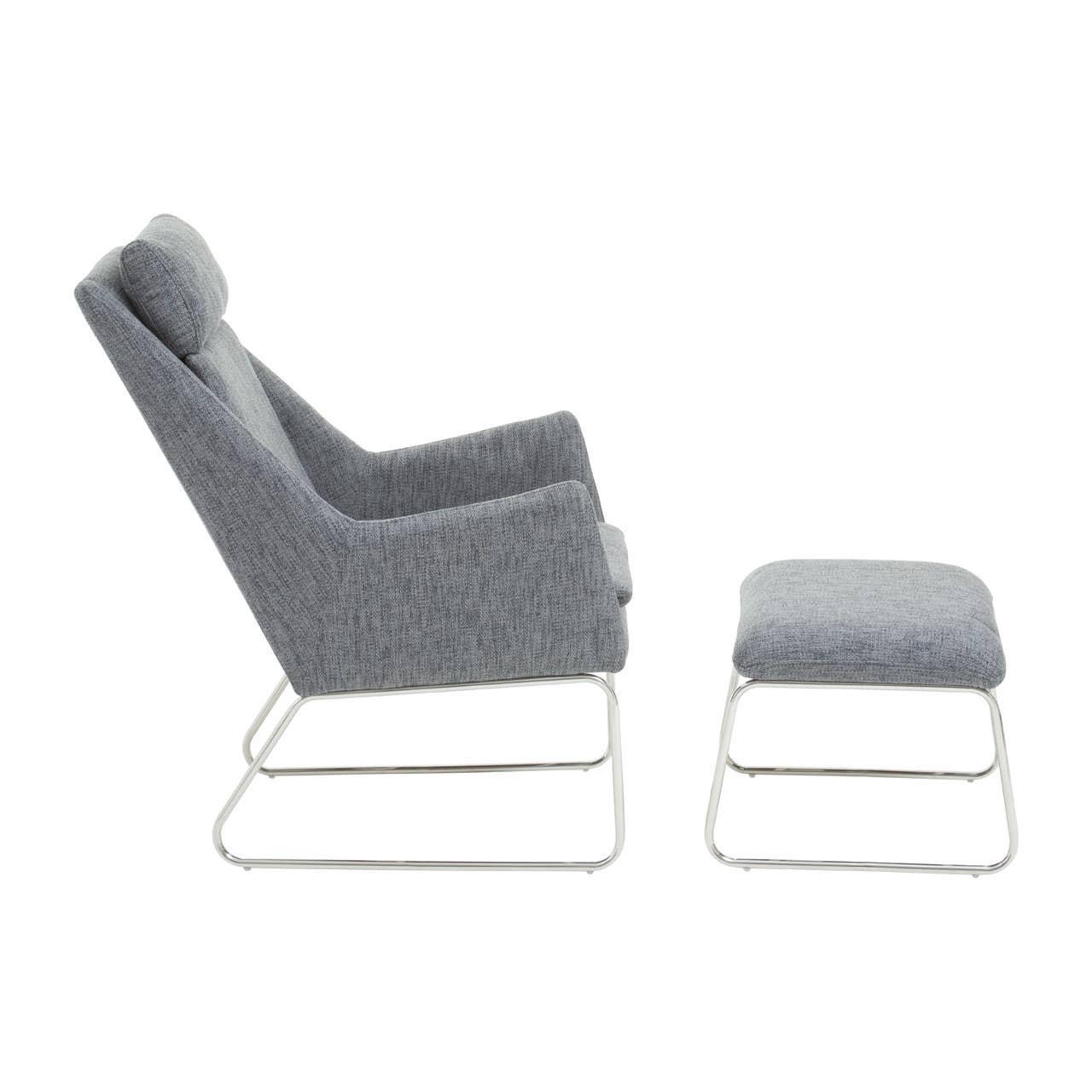 Grey fabric accent chair with matching ottoman and chrome legs, side view