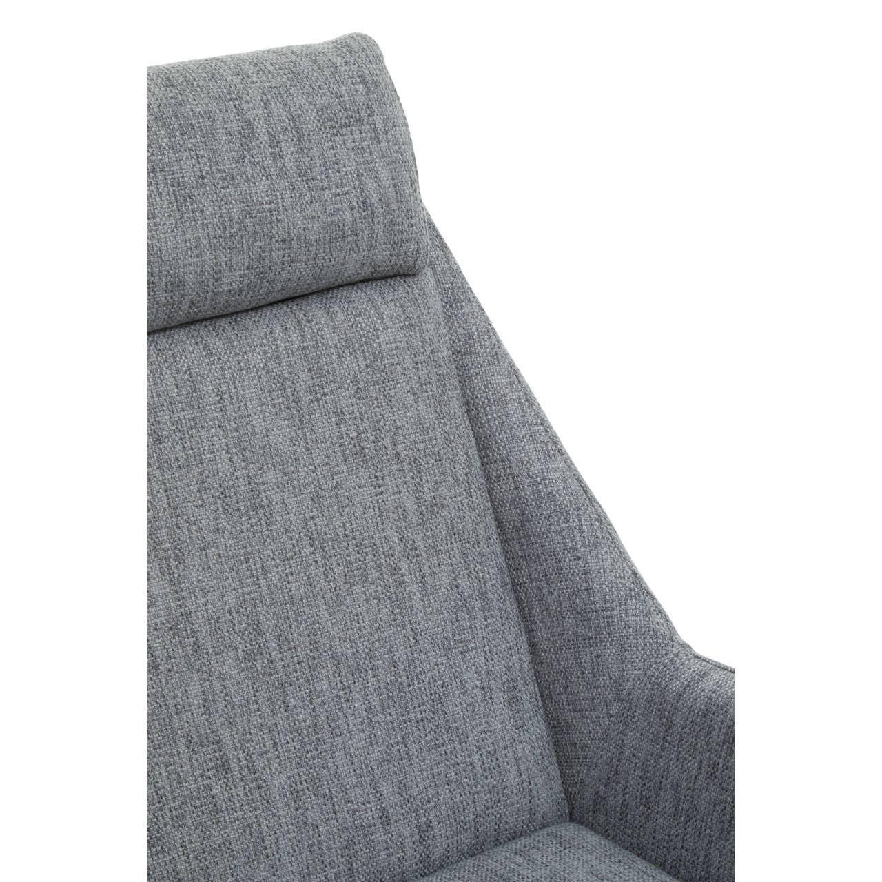 Closeup of grey fabric armchair backrest with textured upholstery and angled arm design