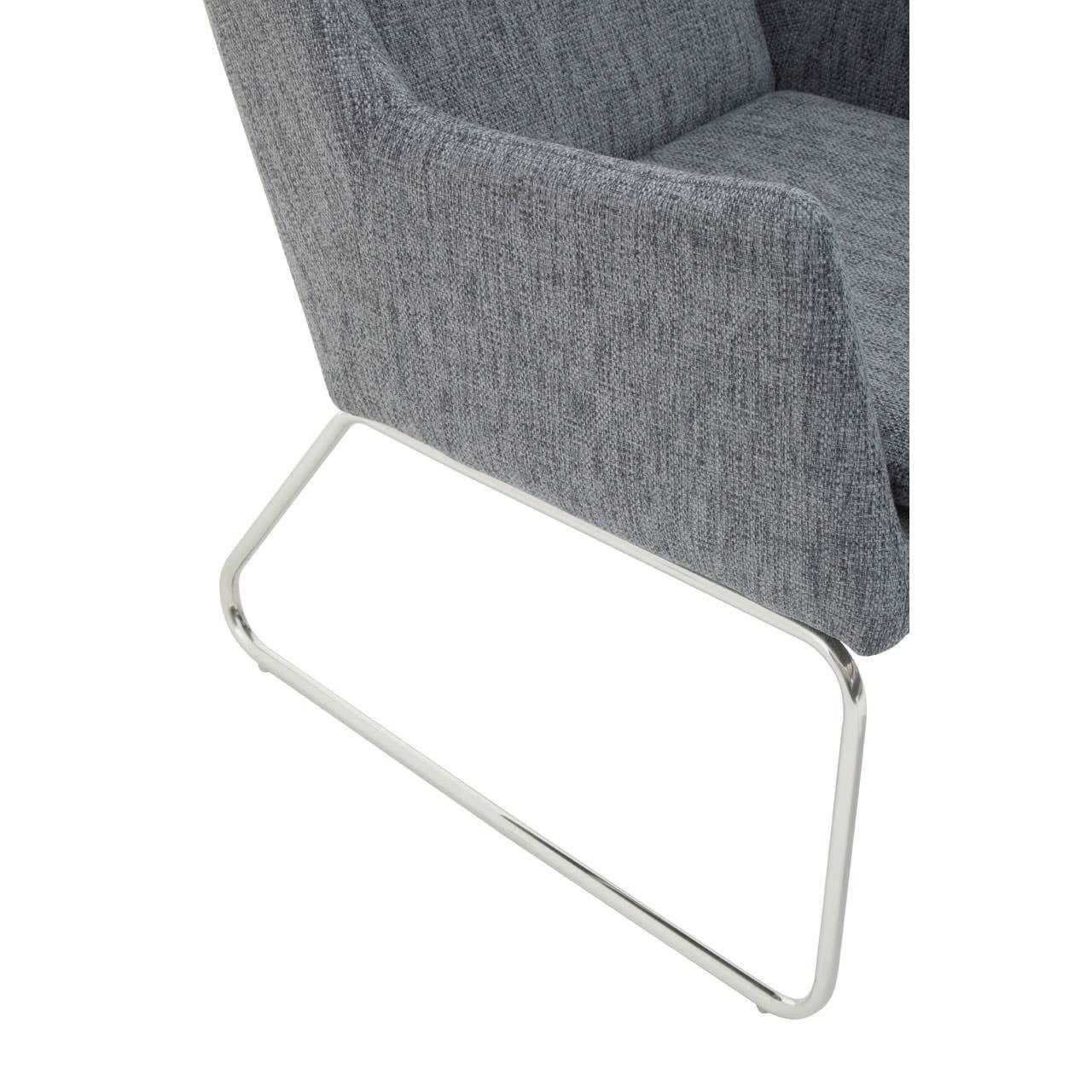 Grey fabric armchair with chrome metal cantilever base, close-up side view