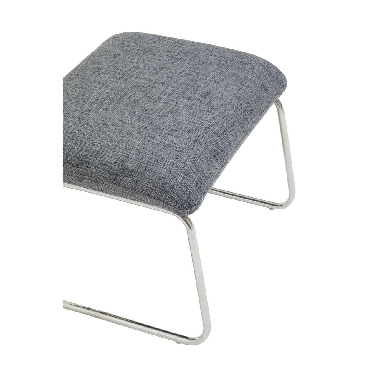 Grey fabric footstool with chrome legs, side angle view